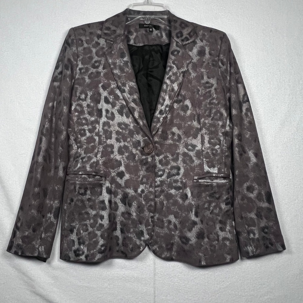 Monochrome Metallic Blazer Animal Print‎ Silver Gray Women's Size 40